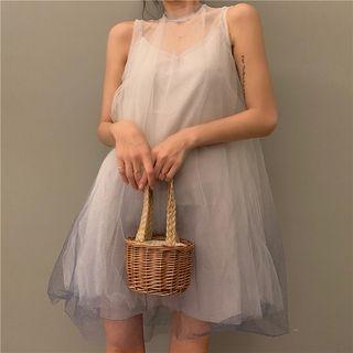 Sheer Panel Sleeveless A-line Dress Grayish Blue - One Size