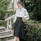 Set: Buttoned Blouse + Midi A-line Skirt