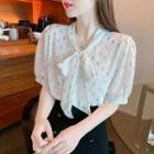 Puff-sleeve Feather Print Tie-neck Blouse