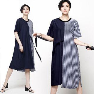 Tie-side Striped-panel T-shirt Dress