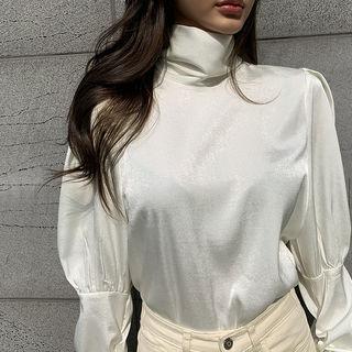 High-neck Puff-sleeve Satin Blouse