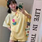 Set: Elbow-sleeve Floral Polo Shirt + Shorts
