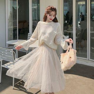 Bell-sleeve Sweater / Midi Mesh Skirt