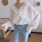 Long-sleeve Ruffle Blouse Type A - White - One Size
