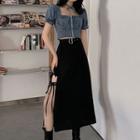 Puff-sleeve Denim Top / Slit Midi A-line Skirt