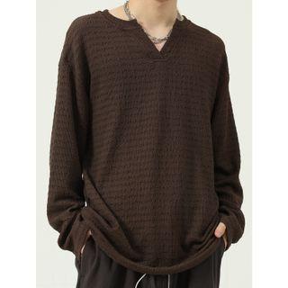 Long-sleeve Open Placket Textured T-shirt
