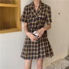 Short-sleeve Plaid Double-breasted Mini Dress Plaid - Yellow & Brown & Navy Blue - One Size