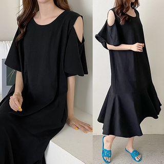 Cutaway-shoulder Ruffle Dress