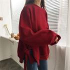 Puff-sleeve Tie-hem Pullover Red - One Size