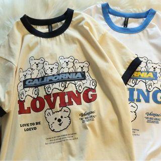 Short-sleeve Bear Print Ringer T-shirt