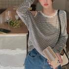 Long-sleeve Cold Shoulder Striped Loose-fit Top As Figure - One Size