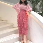 Ruffle Trim Midi Skirt Pink - One Size
