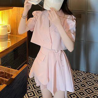 Set: Elbow-sleeve Cropped Blazer + Mini A-line Skirt