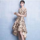 Elbow-sleeve Dip-back Prom Dress