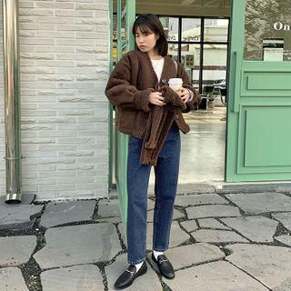 V-neck Faux-shearling Jacket With Muffler Scarf