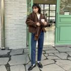 V-neck Faux-shearling Jacket With Muffler Scarf