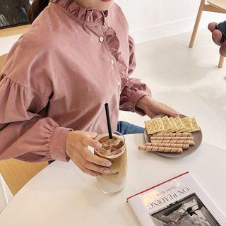 Frill-collar Corduroy Blouse Light Pink - One Size