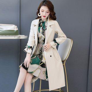 Set: Double-breasted Long Coat + Long-sleeve Printed A-line Dress