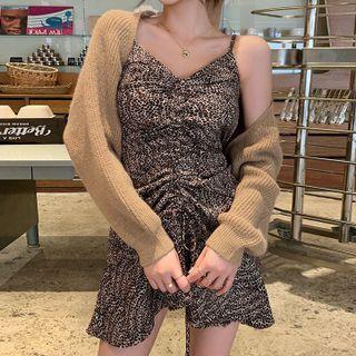 Set: Long-sleeve Cardigan + Leopard Drawstring Dress