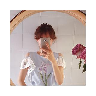 Cutaway-shoulder Eyelet-lace Sleeve Top