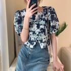 Short-sleeve Floral Print Cropped Top Blue - One Size