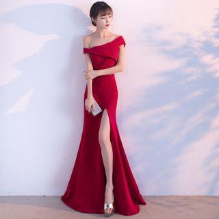 Short-sleeve Off Shoulder Slit Mermaid / A-line Evening Gown / Asymmetric A-line Party Dress