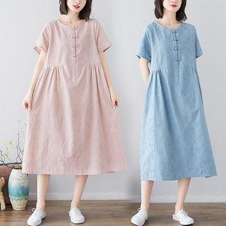 Short-sleeve Frog Buttoned Midi A-line Dress