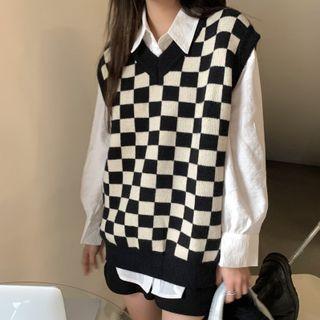 Sleeveless Plaid Knit Tank Top