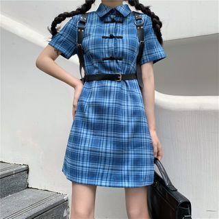 Plaid Short-sleeve A-line Dress / Body Harness