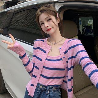 Set: Striped Ribbed Knit Camisole Top + Cardigan
