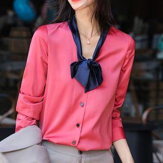 Ribbon Neck Blouse / Mini Skirt / Set