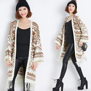 Patterned Fringed Long Cardigan