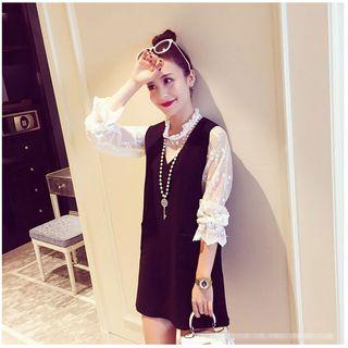 Set: Long-sleeve Sheer Lace Top + Jumper Dress