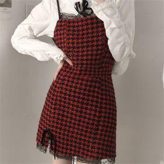 Long-sleeve Lace Trim Blouse / Spaghetti Strap Houndstooth Mini Sheath Dress