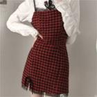 Long-sleeve Lace Trim Blouse / Spaghetti Strap Houndstooth Mini Sheath Dress