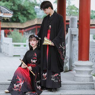 Couple Matching Long-sleeve Fox Embroidered Hanfu Top / Midi Jacket / Maxi Skirt / Set