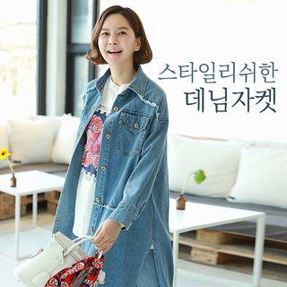Fringed-detail Slit-side Denim Shirt Blue - One Size