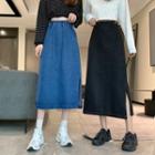 Band-waist Denim Slit Midi A-line Skirt