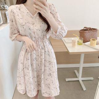 Floral V-neck Drawstring-waist A-line Dress
