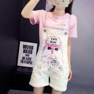 Set: Cat Applique Short-sleeve T-shirt + Dungaree Shorts