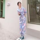 Long Sleeve Collar Tie-dye Denim Jogger Jumpsuit