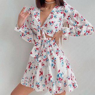 Long-sleeve Floral Cutout Mini A-line Dress