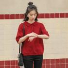 Plain Button-up Oversize Knit Top Wine Red - One Size