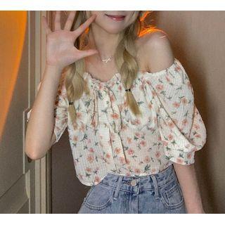 Off-shoulder Flower Print Blouse Pink Flowers - White - One Size