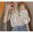 Off-shoulder Flower Print Blouse Pink Flowers - White - One Size