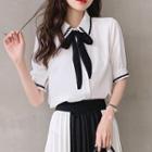 Elbow-sleeve Embroidered Trim Ribbon Shirt