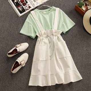 Set: Short-sleeve Striped T-shirt + Suspender A-line Skirt