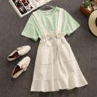 Set: Short-sleeve Striped T-shirt + Suspender A-line Skirt