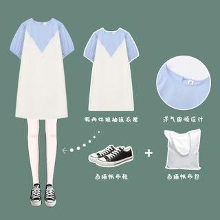 Puff-sleeve Mock Two-piece Mini Shift Dress As Shown In Figure - One Size