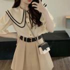 Puff-sleeve Layered Shirt / Mini Pleated Skirt / Belt / Set